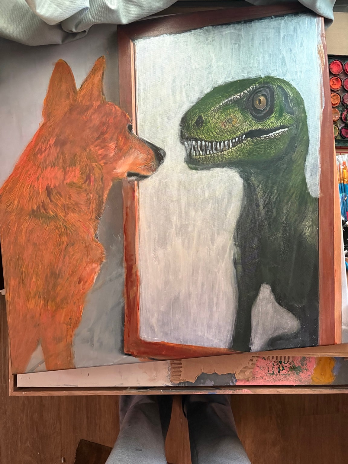 Napoleon Dynamite: an orange dog facing a green dinosaur in a framed scene