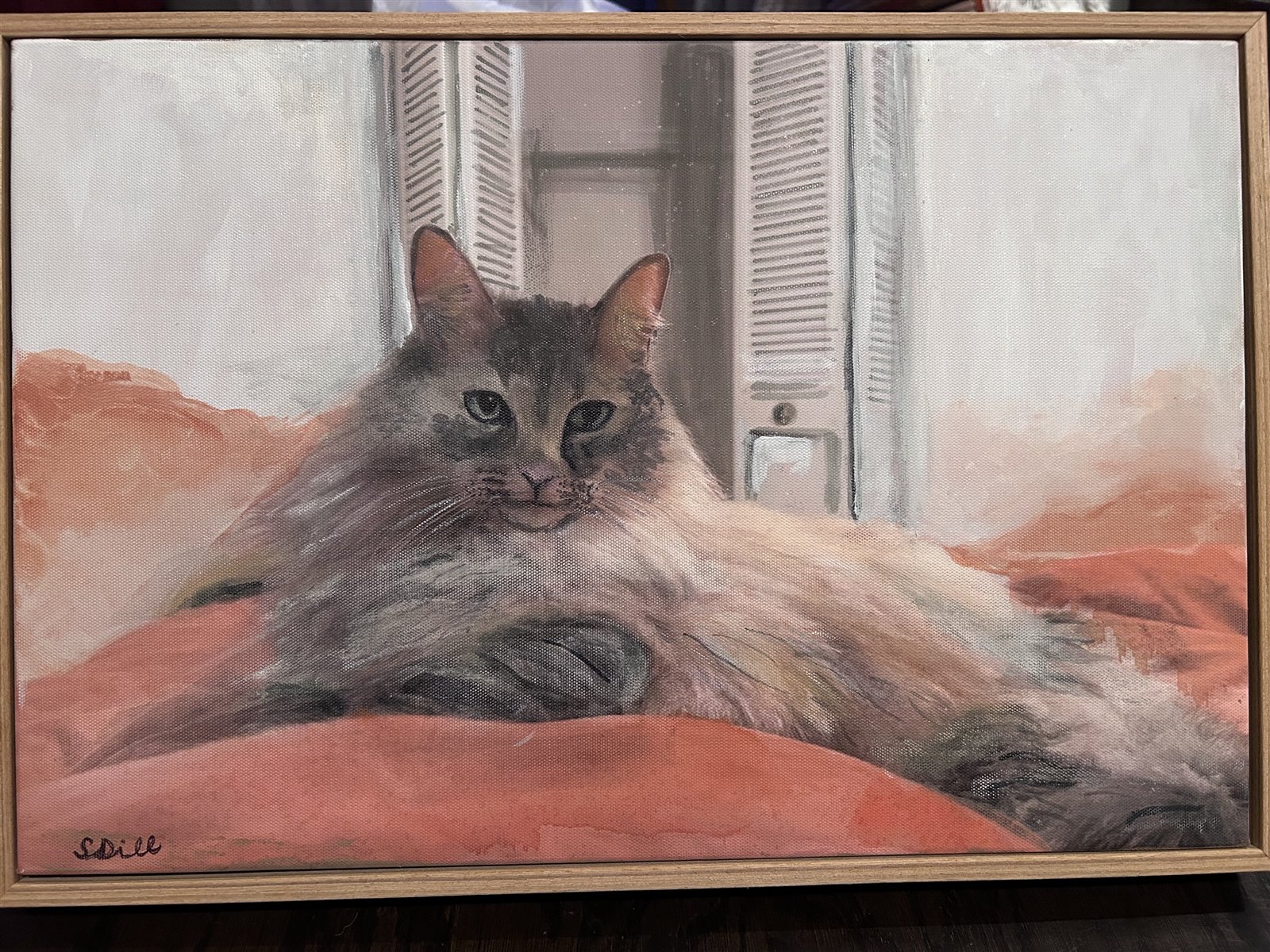 Hand-painted portrait of a long-haired gray cat